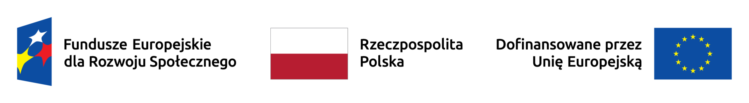 Zestawienie znaków graficznych: Fundusze Europejskie dla Rozwoju Społecznego, barwy RP, informacja „Dofinansowane przez Unię Europejską”